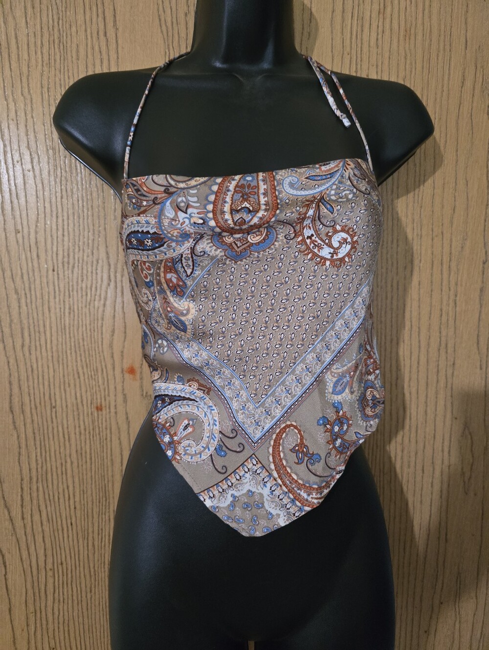 Paisley Hanky Hem Halter Top - Taupe Multi